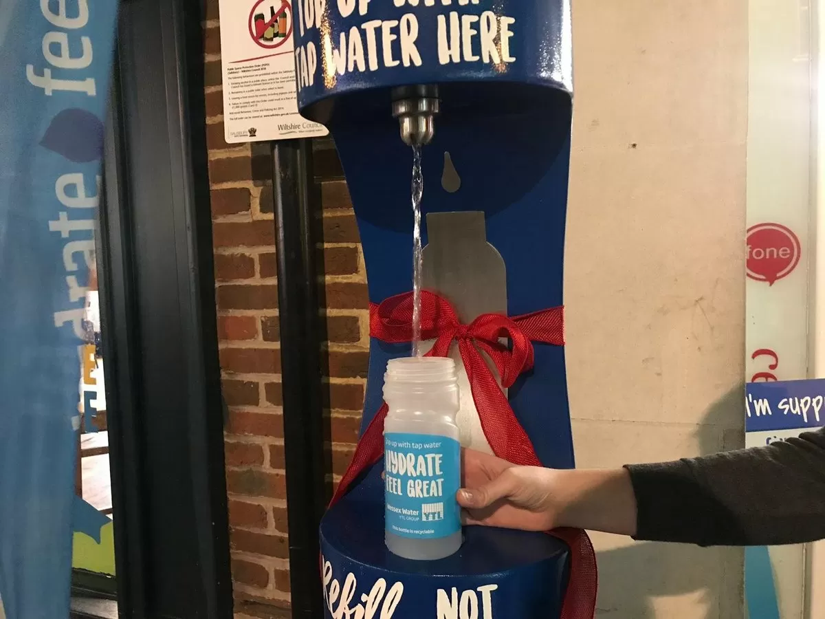 Reusable bottle filling up at the new drinking fountain in Salisbury.